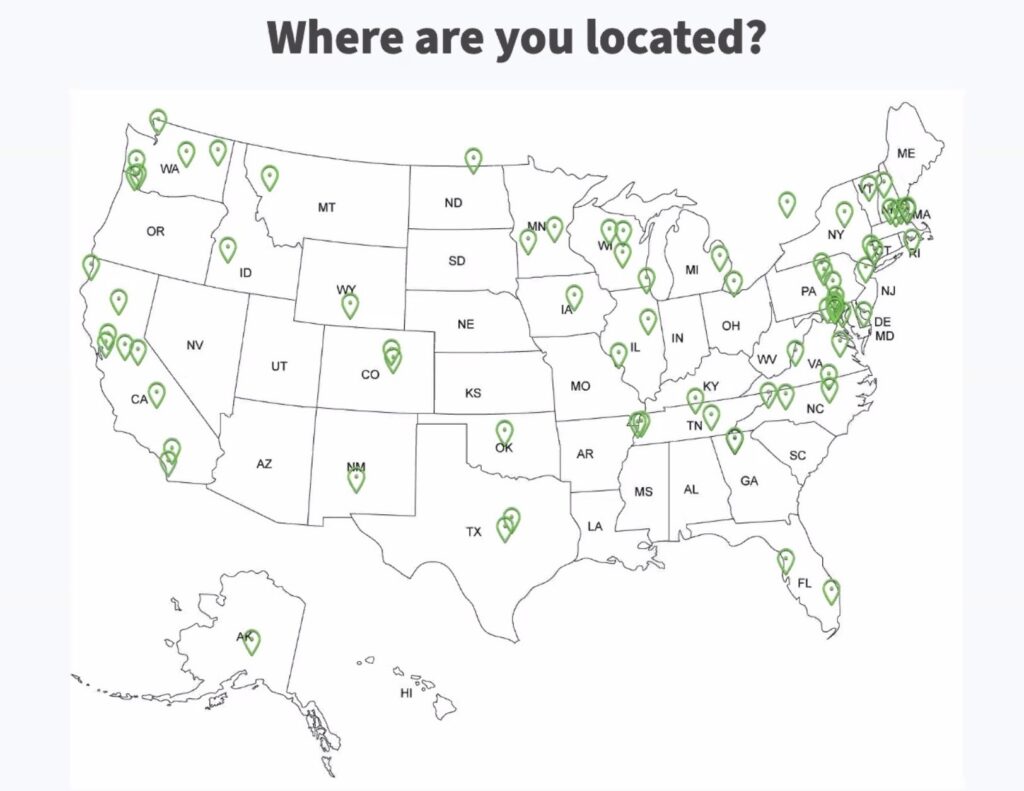 A map of the United States is shown under the title "Where are you located?" with green pins all over the map.